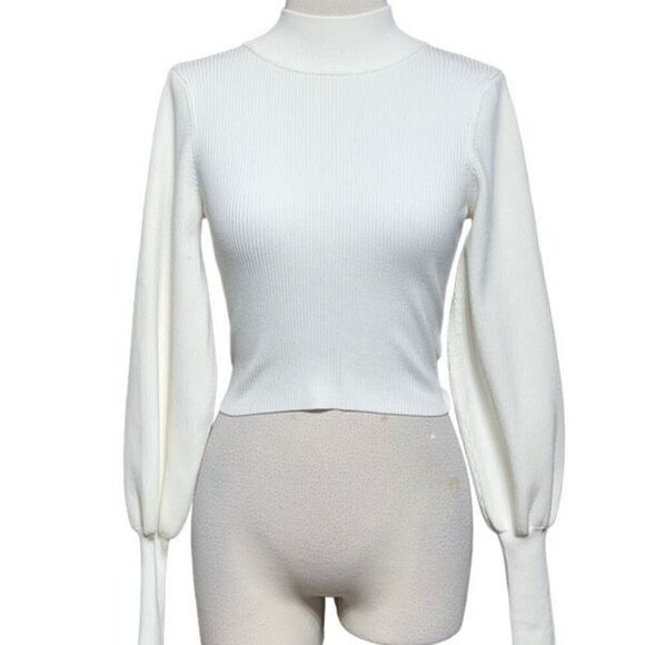 Olivaceous NWT Long Puff Sleeve Open Back Turtleneck Cropped Sweater Small - Picture 1 of 5